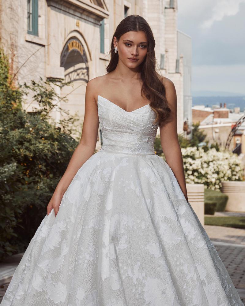 124113 jacquard or satin ball gown wedding dress with long train and pockets3